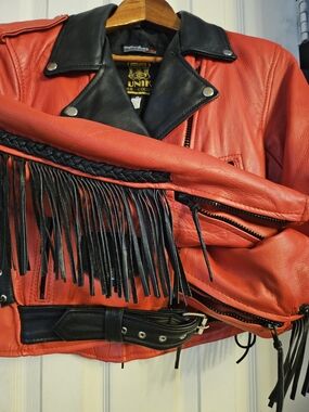 Unik Red and Black Leather Fringe Biker Jacket with Belt